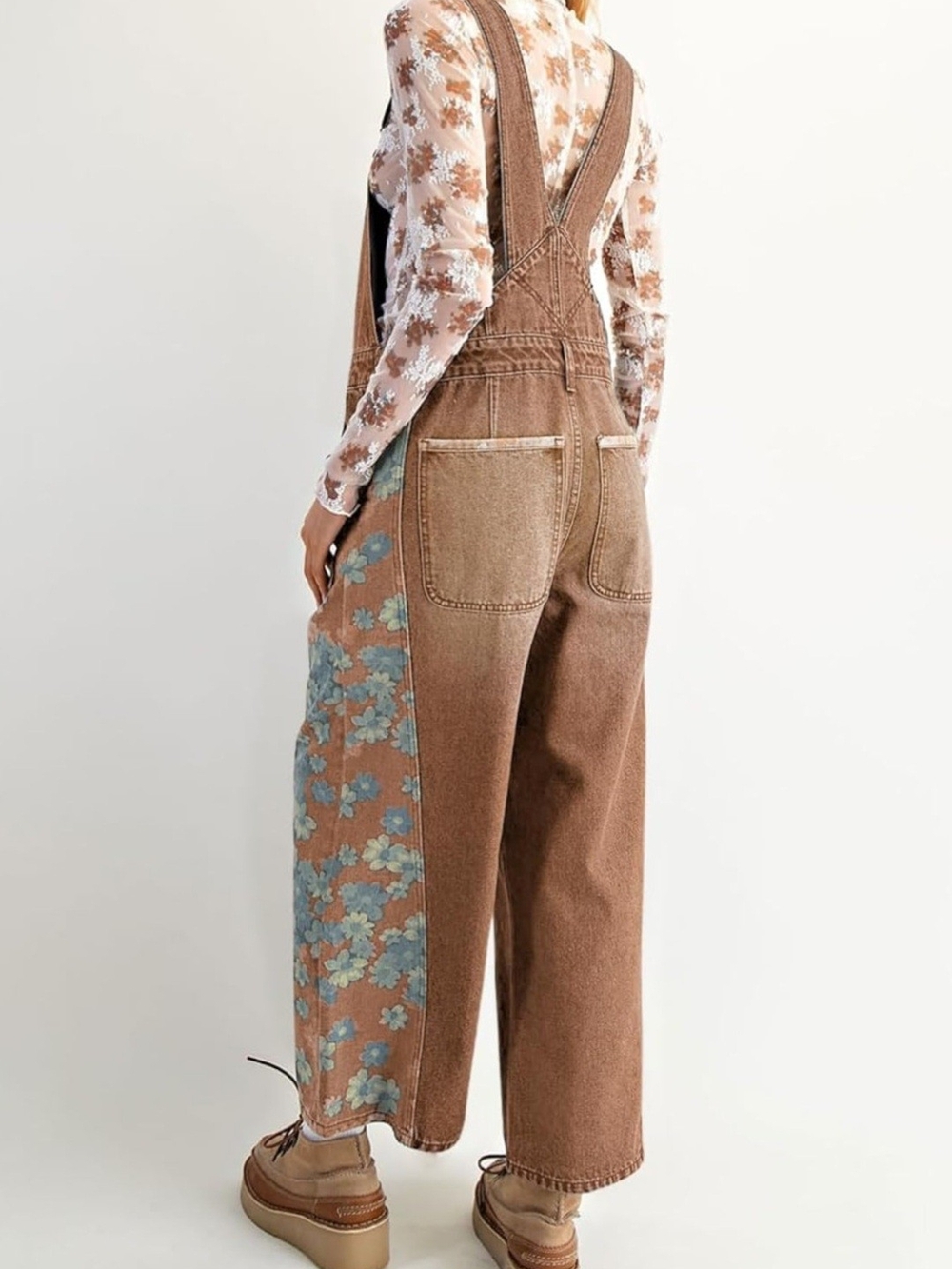 Brown Floral-Trim Denim Wide Leg Overalls for Women. Size Medium - Picture 5 of 7